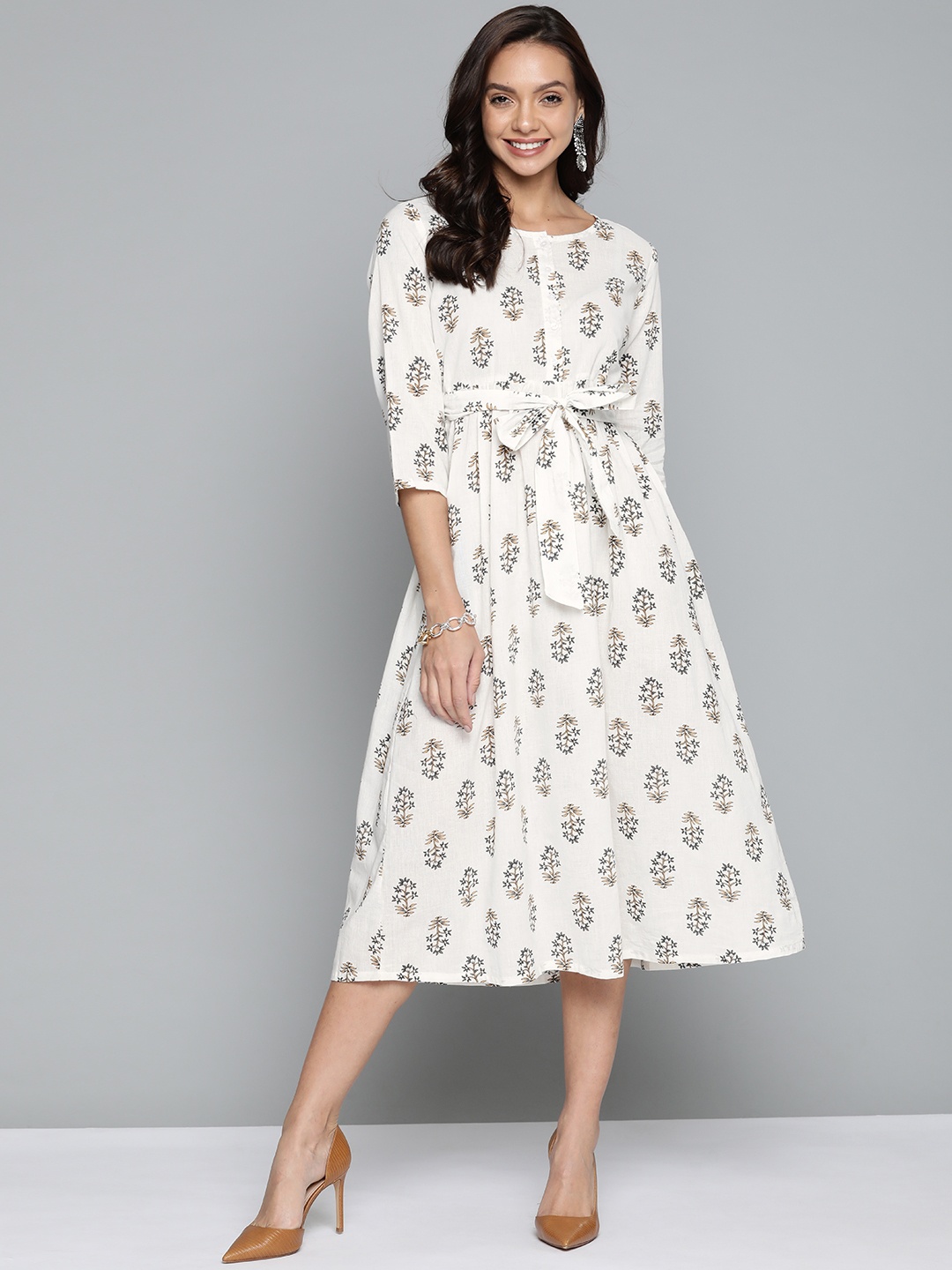 

HERE&NOW Off White & Yellow Ethnic Motif A-Line Midi Dress