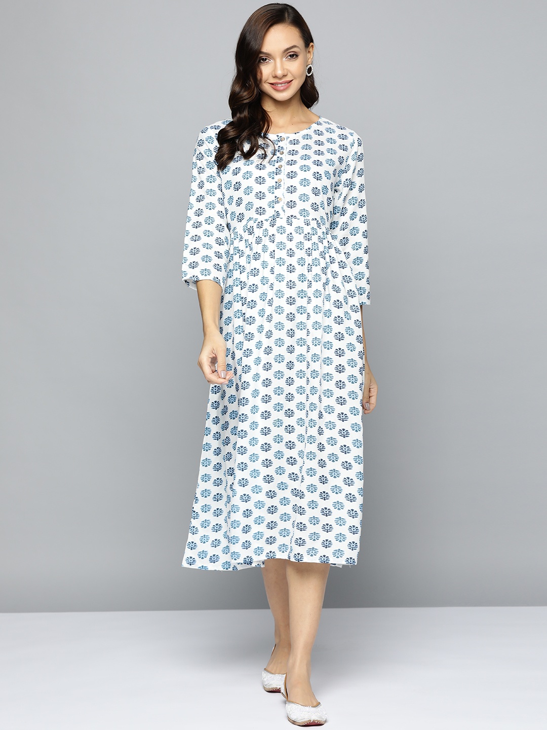 

HERE&NOW Women White & Blue Ethnic Motifs A-Line Midi Dress