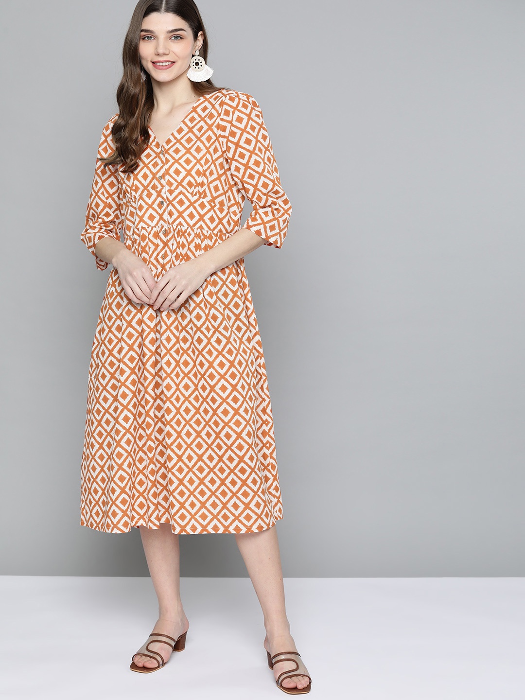 

HERE&NOW Women White & Rust Orange Printed Pure Cotton A-Line Midi Dress
