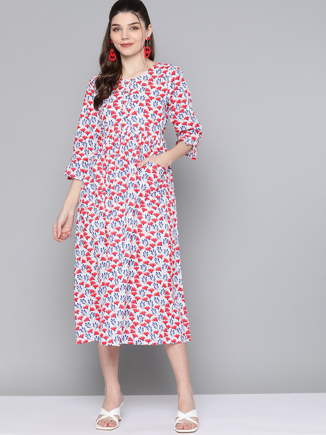 

HERE&NOW Women White & Red Pure Cotton Floral Print A-Line Midi Dress