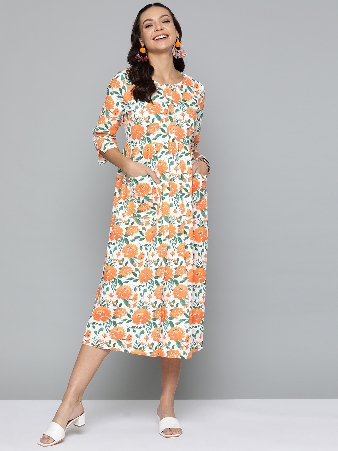 

HERE&NOW Women White & Orange Floral Pure Cotton A-Line Midi Dress