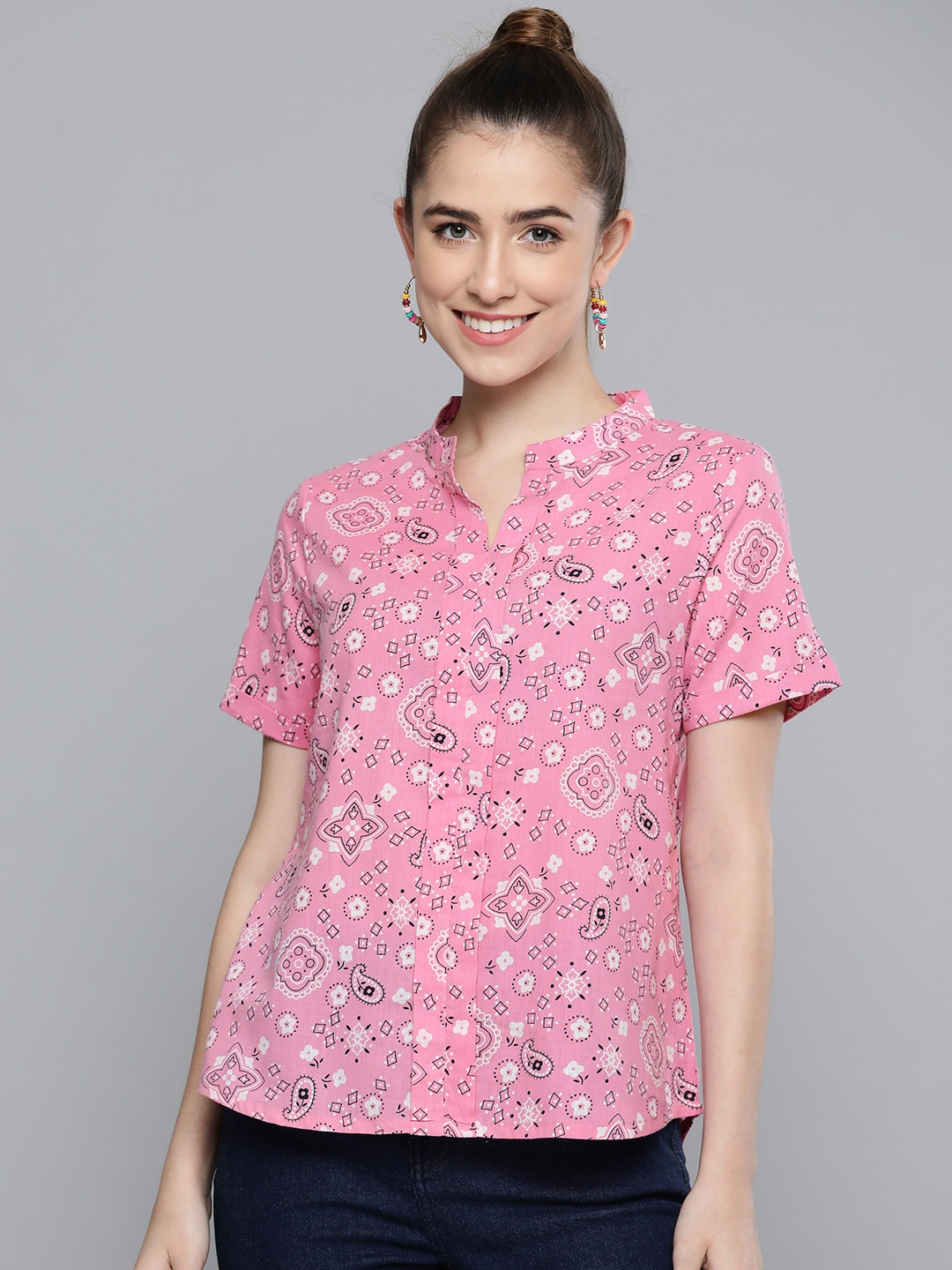 

HERE&NOW Pink & White Pure Cotton Printed Mandarin Collar Top