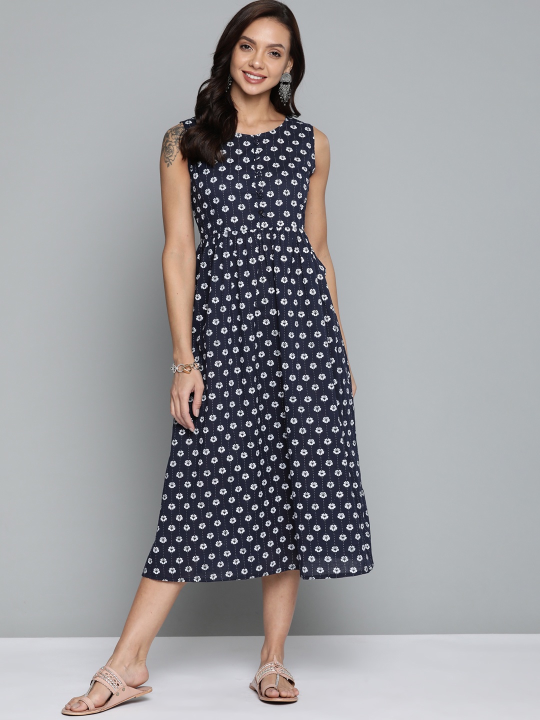 

HERE&NOW Navy Blue & White Floral A-Line Midi Dress