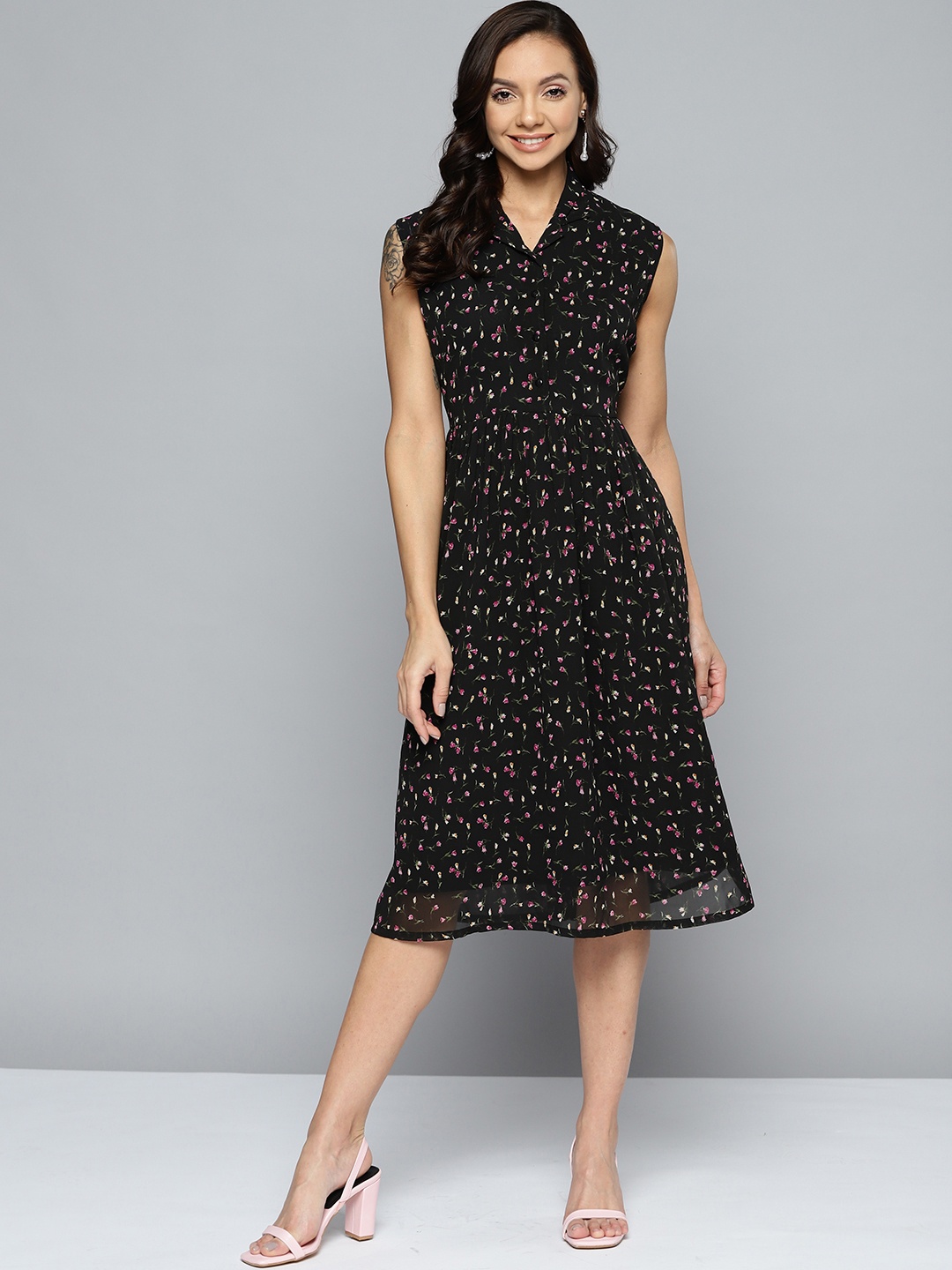 

HERE&NOW Women Black & Pink Floral A-Line Dress