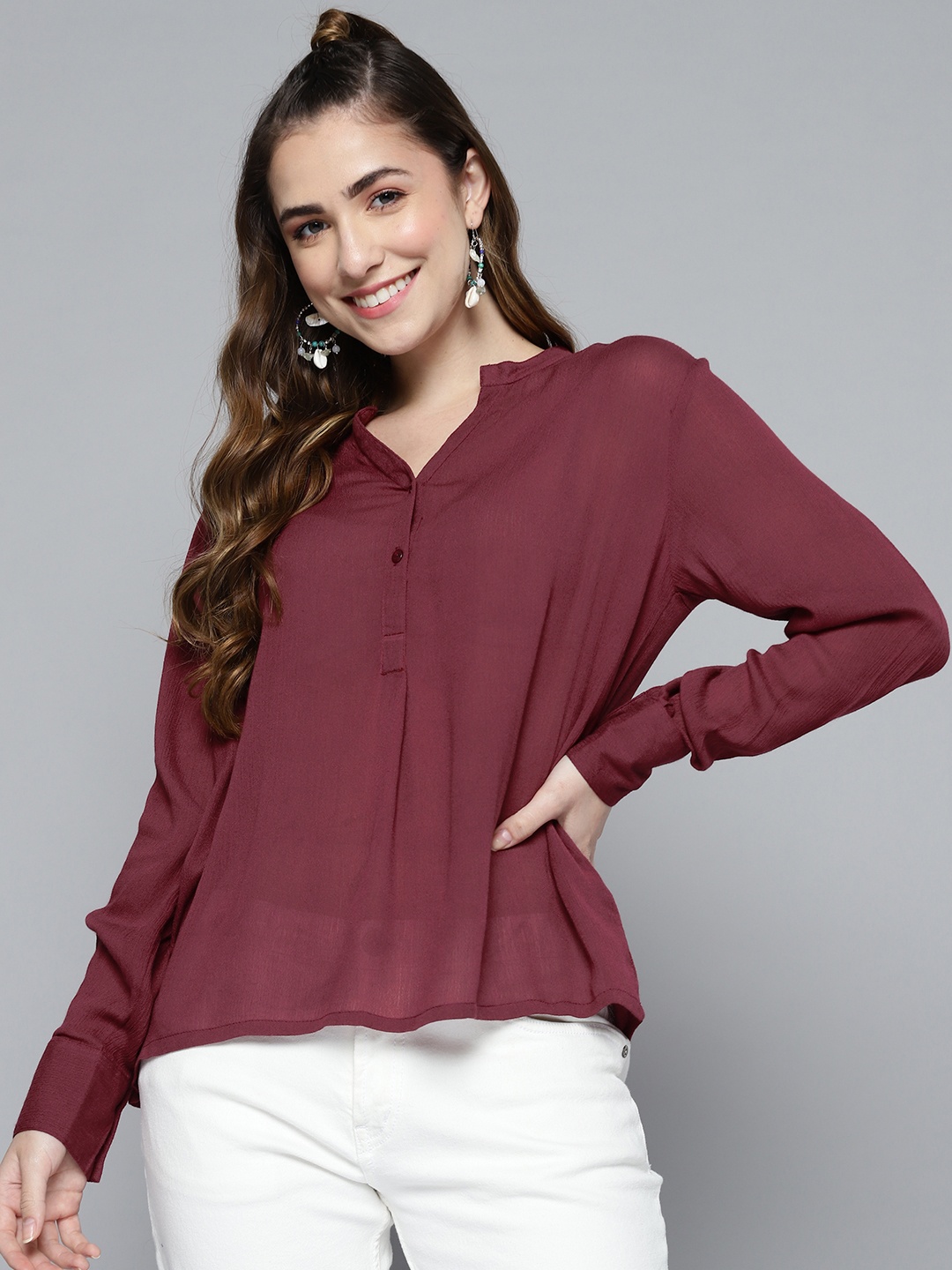 

HERE&NOW Burgundy Pure Cotton Mandarin Collar Top