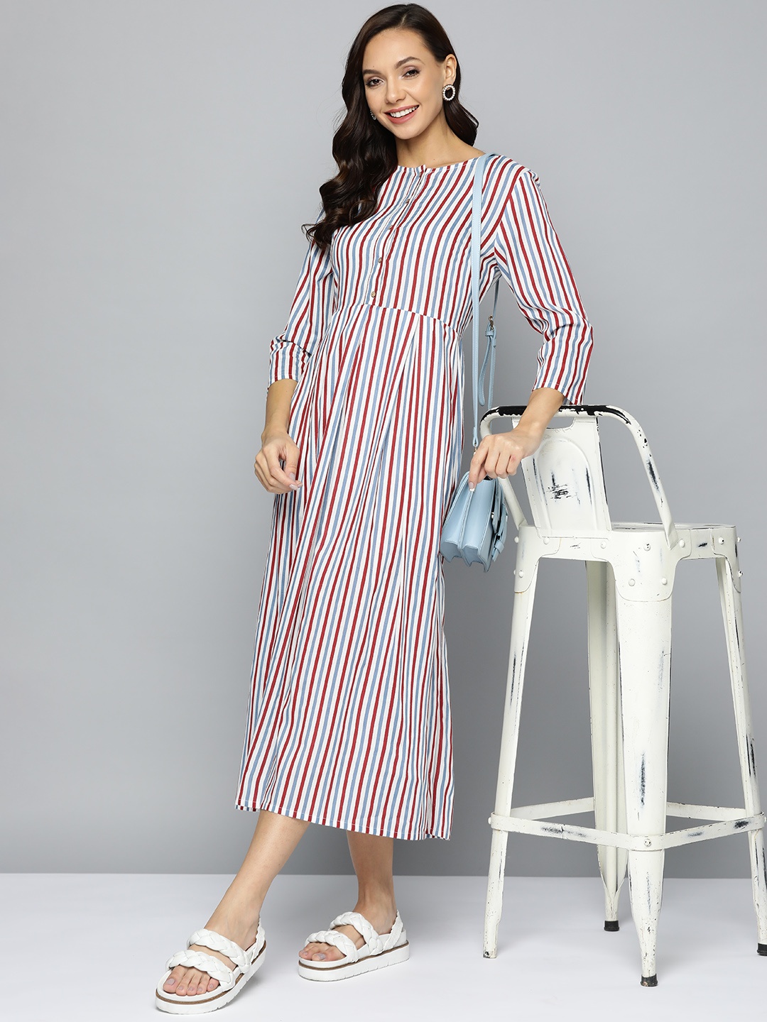 

HERE&NOW Women White & Red Striped A-Line Midi Dress