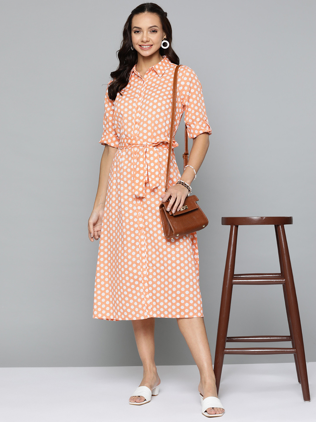 

HERE&NOW Women Peach-Coloured & White Polka Dot Printed Pure Cotton A-Line Midi Dress