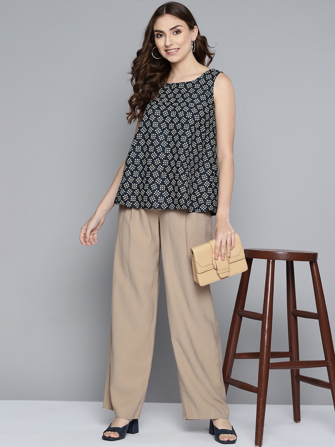 

HERE&NOW Navy Blue & Off-White Geometric Print A-line Top
