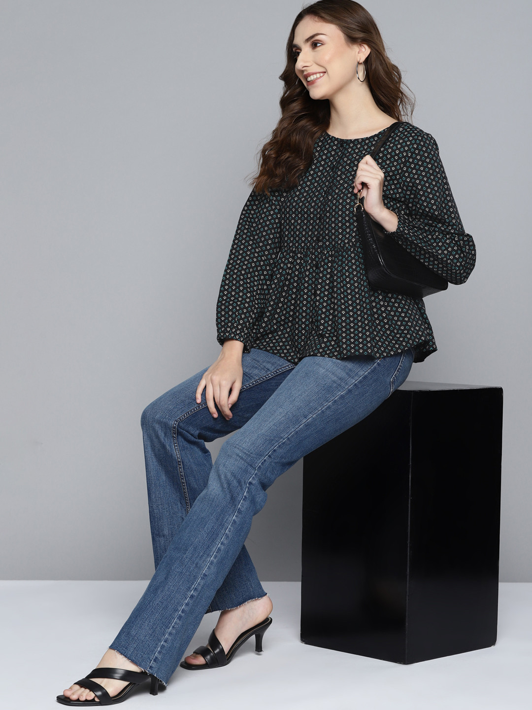 

HERE&NOW Black & Off White Pure Cotton Geometric Print Top