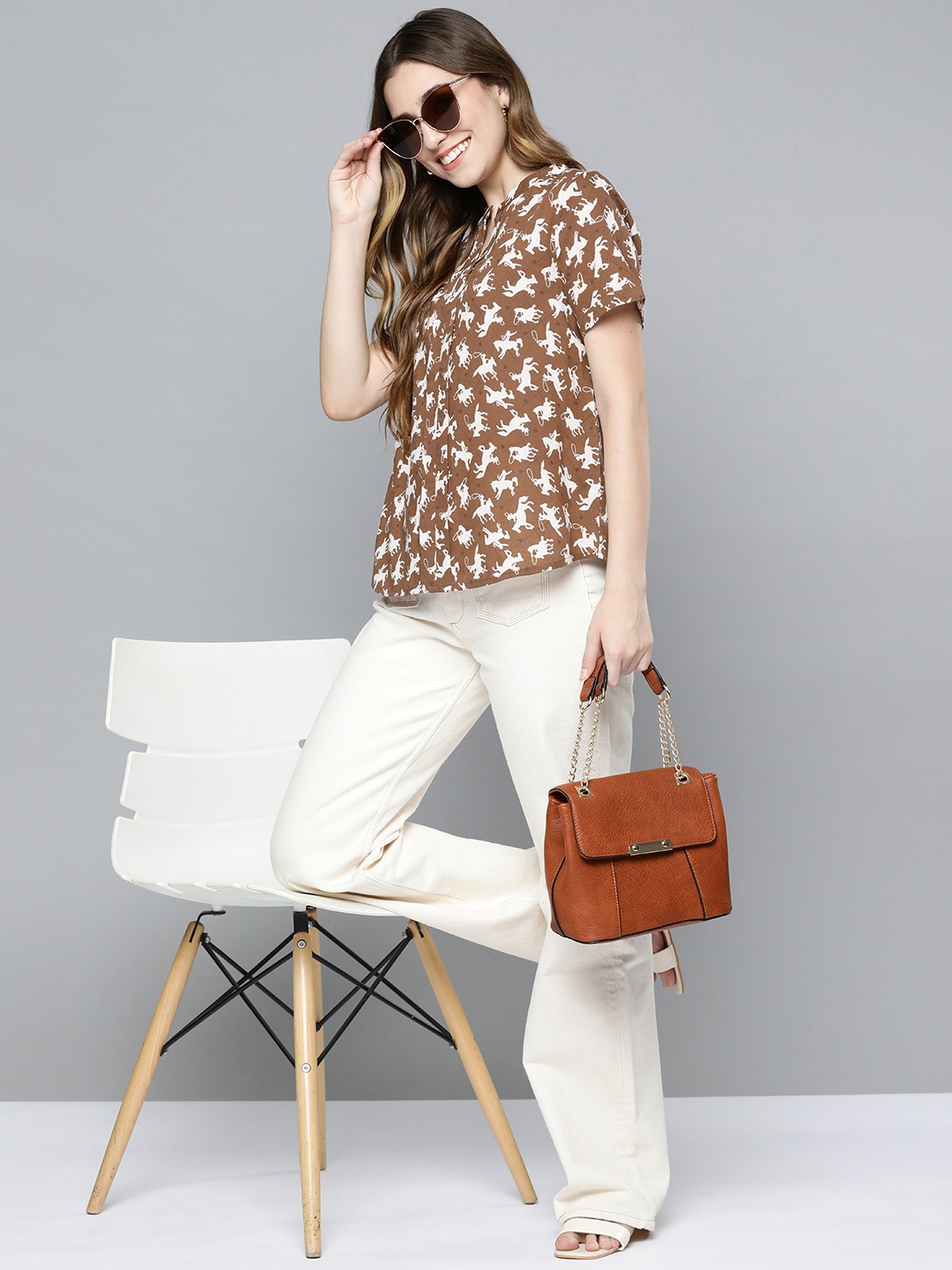 

HERE&NOW Brown & Off White Pure Cotton Print Mandarin Collar Top