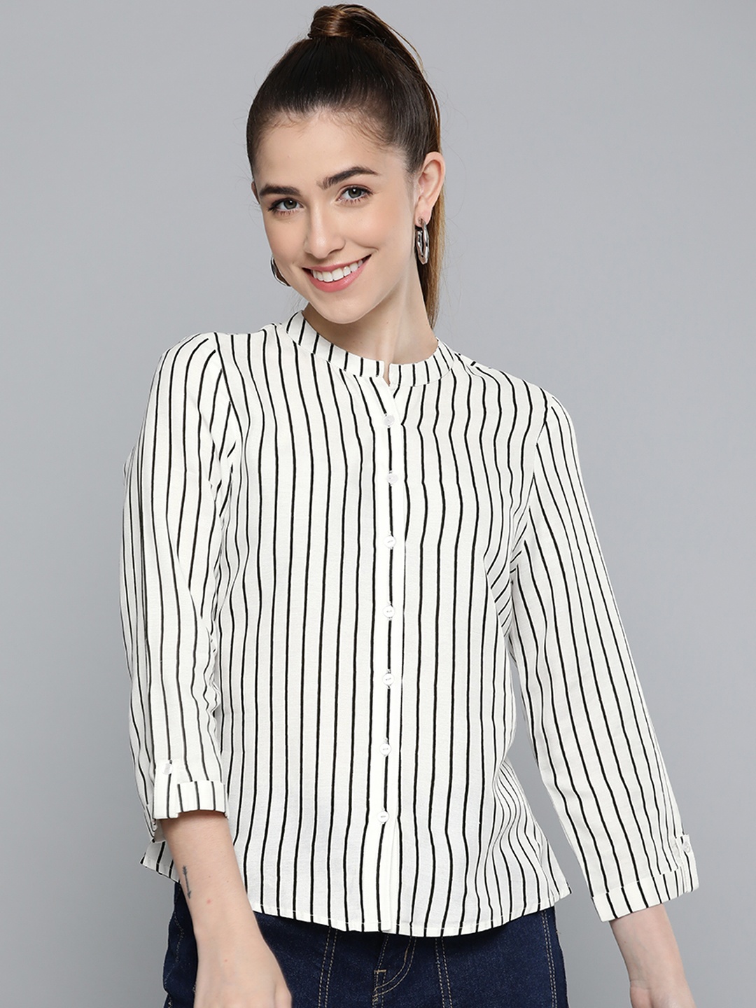 

HERE&NOW Women White & Black Striped Casual Shirt