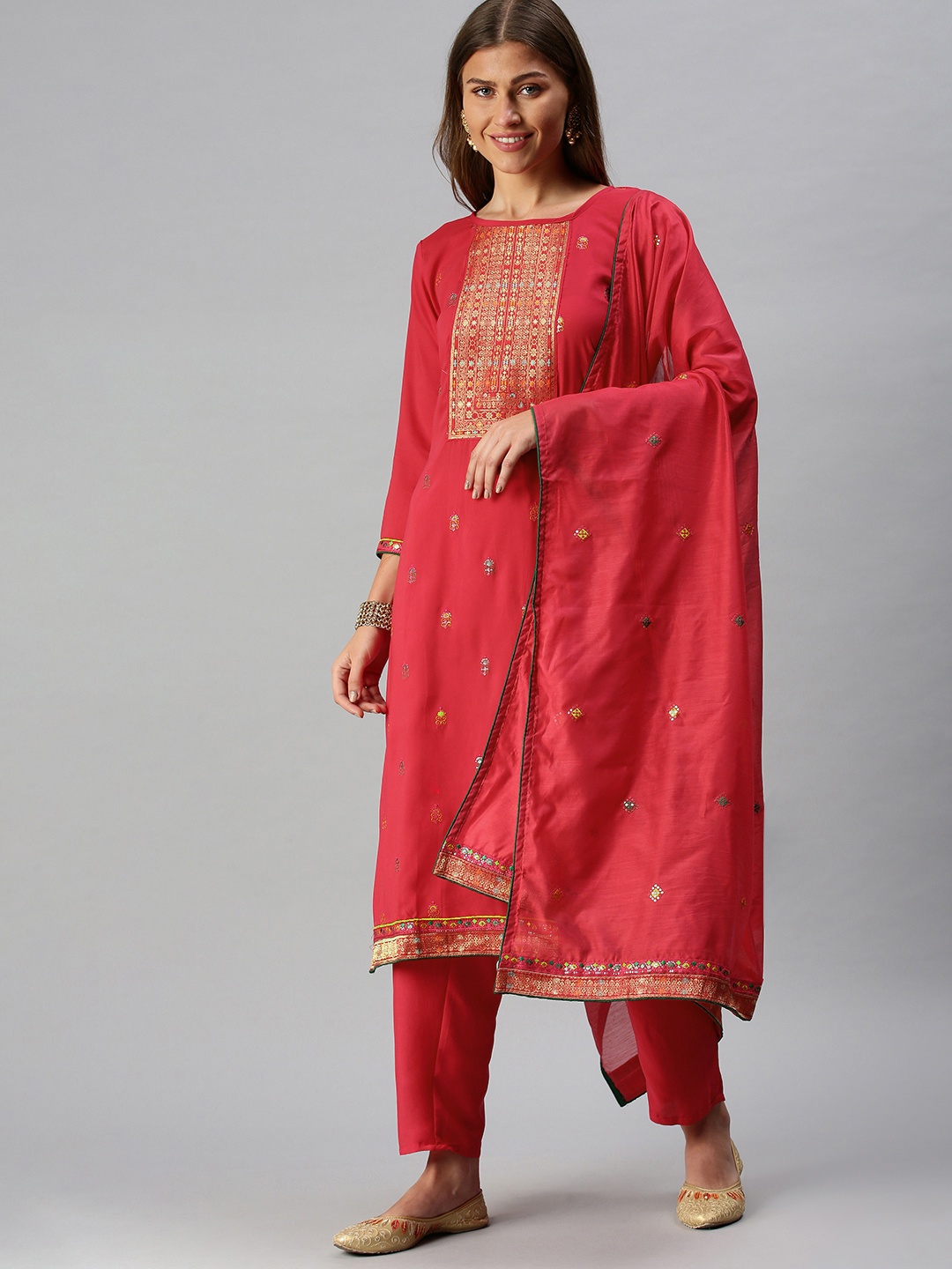 

SheWill Women Coral Pink Embroidered Kurta with Trousers & Dupatta