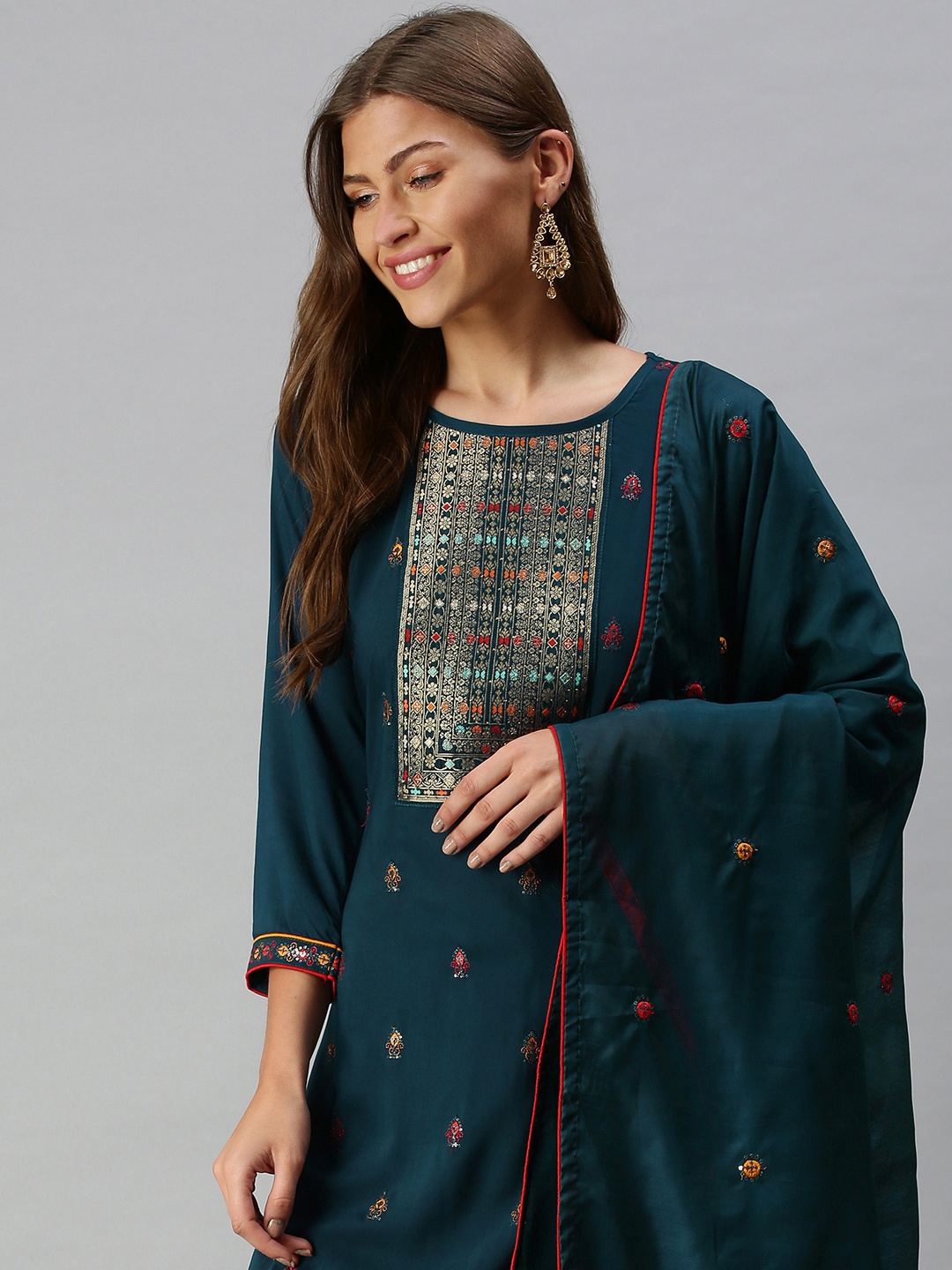 

SheWill Women Teal Blue Embroidered Kurta with Trousers & Dupatta