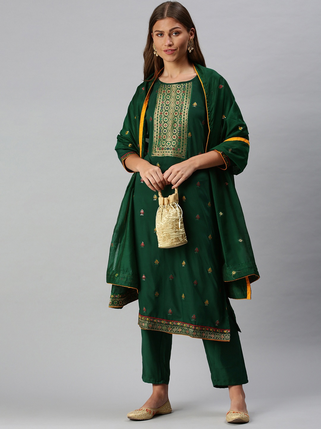 

SheWill Women Green Embroidered Kurta with Trousers & Dupatta