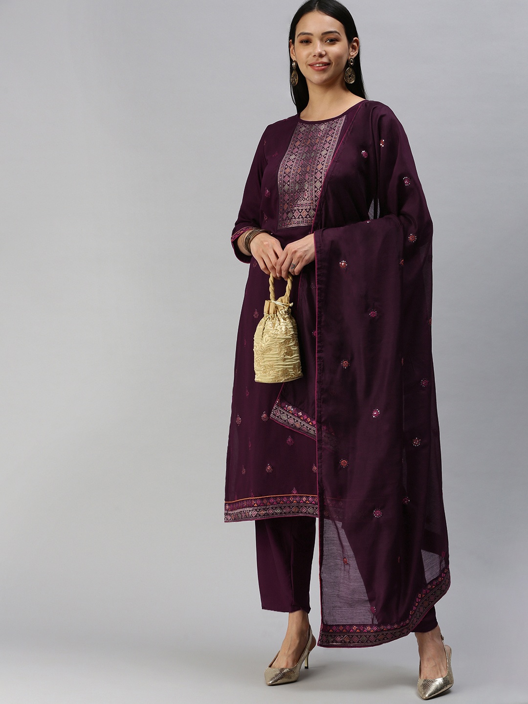 

SheWill Women Purple Woven Design Kurta with Trousers & Dupatta