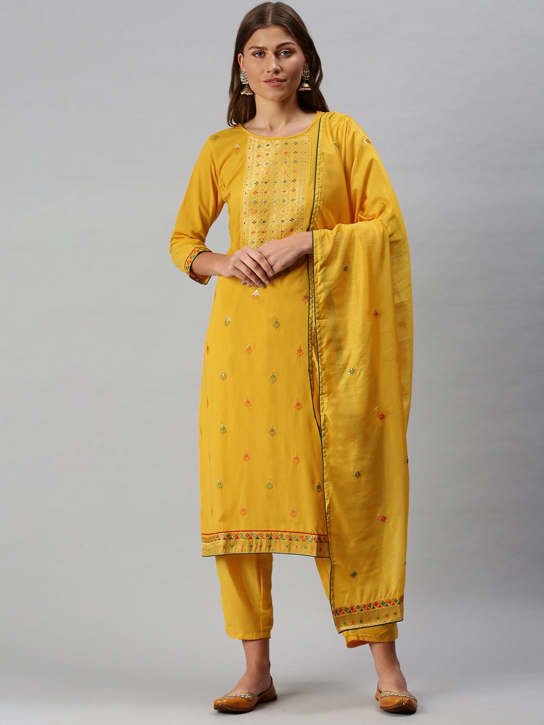 

SheWill Women Mustard Yellow Embroidered Jacquard Kurta with Trousers & Dupatta