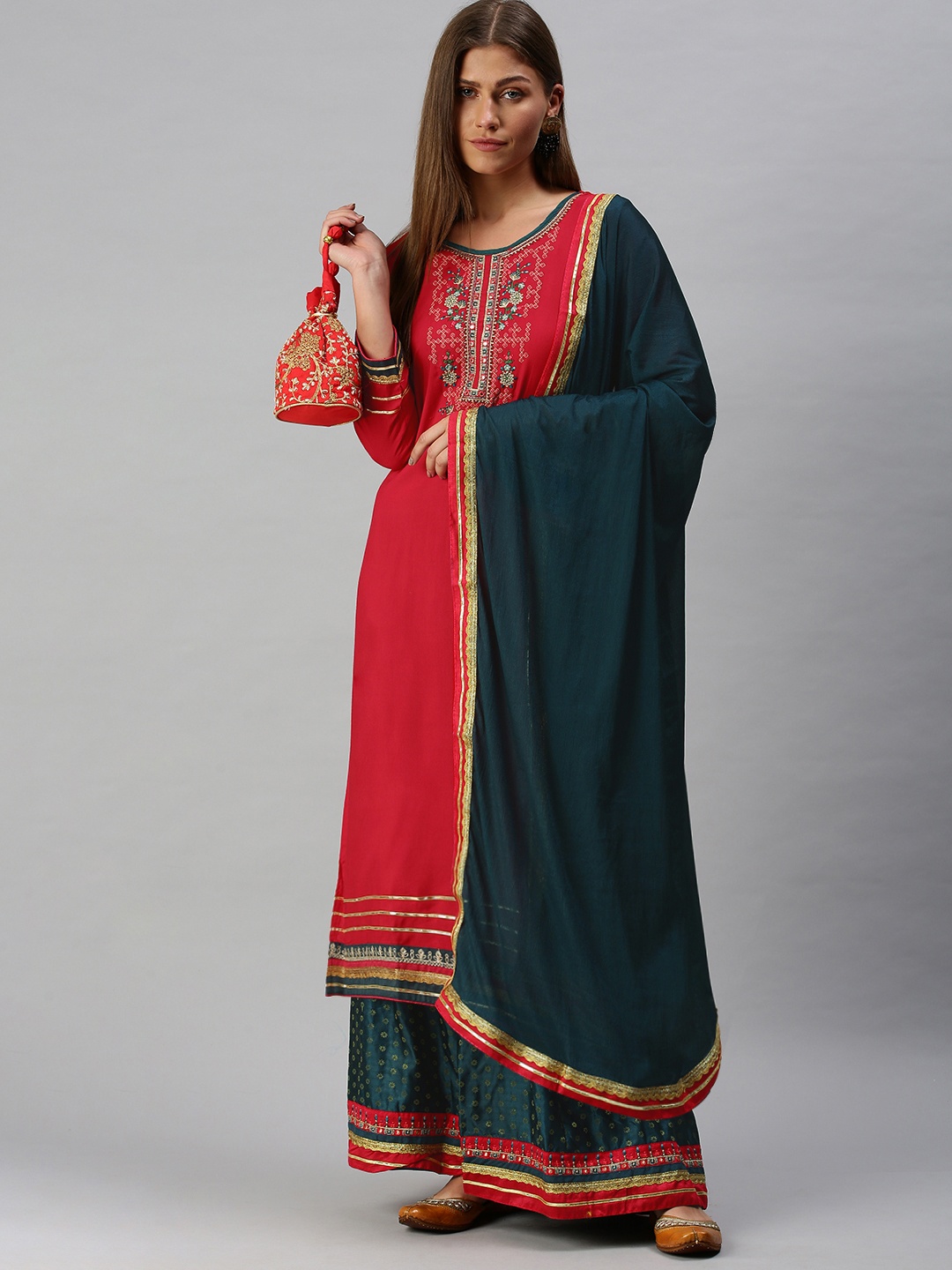 

SheWill Women Coral Red & Teal Blue Yoke Design Kurta with Jacquard Skirt & Dupatta