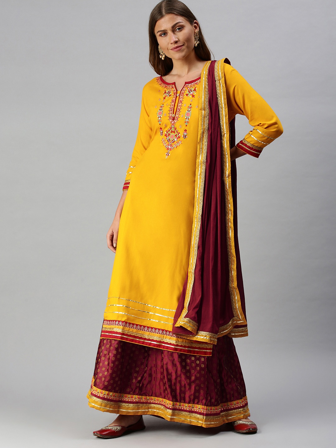 

SheWill Women Mustard Yellow & Maroon Yoke Design Kurta with Jacquard Skirt & Dupatta