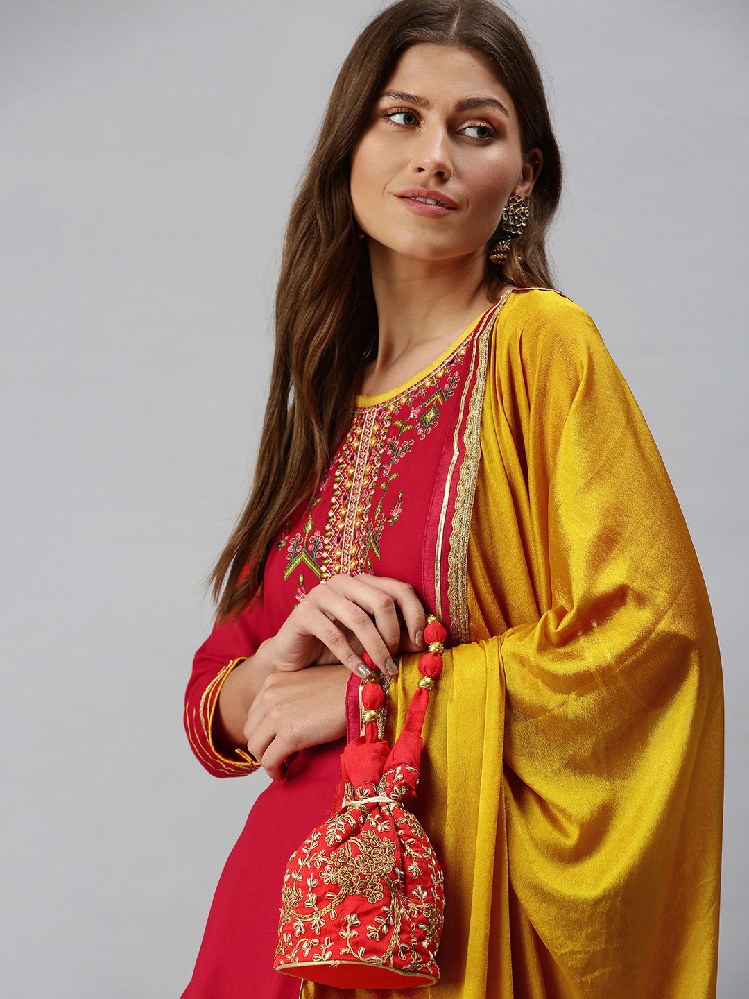 

SheWill Women Red & Mustard Yellow Yoke Design Kurta with Jacquard Skirt & Dupatta