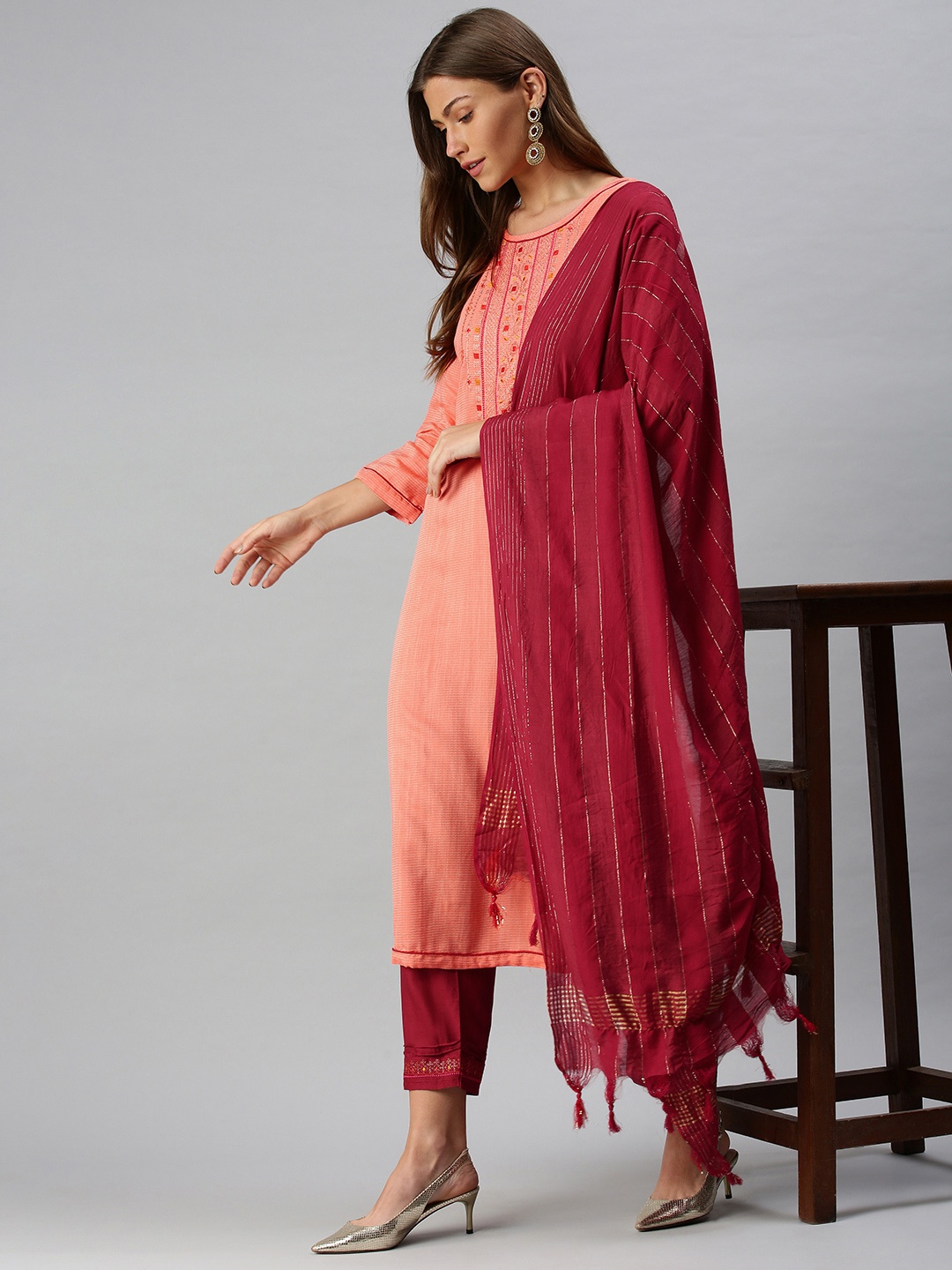 

SheWill Women Peach-Coloured & Maroon Embroidered Kurta with Trousers & Dupatta