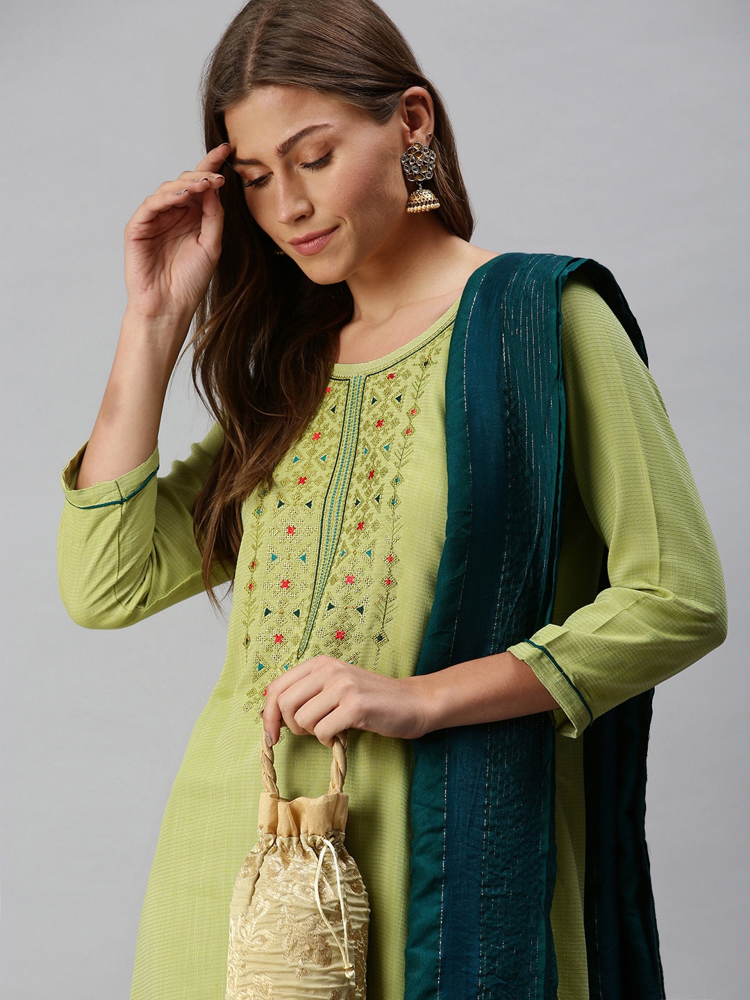 

SheWill Women Green & Blue Embroidered Kurta with Trousers & Dupatta