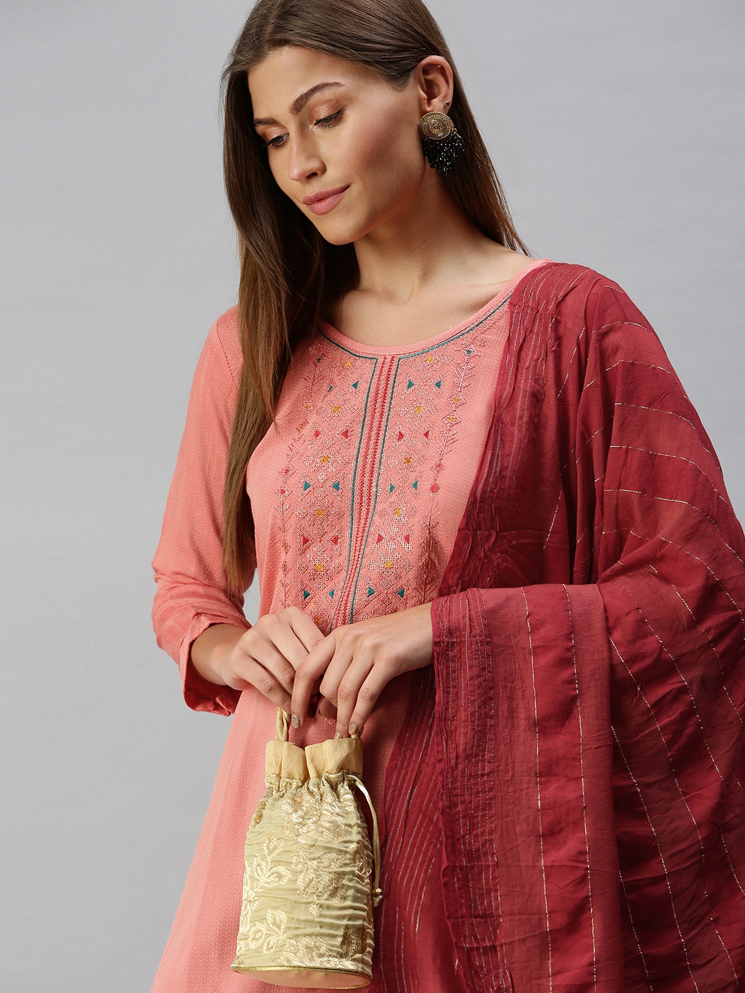 

SheWill Women Pink & Maroon Embroidered Kurta with Trousers & Dupatta