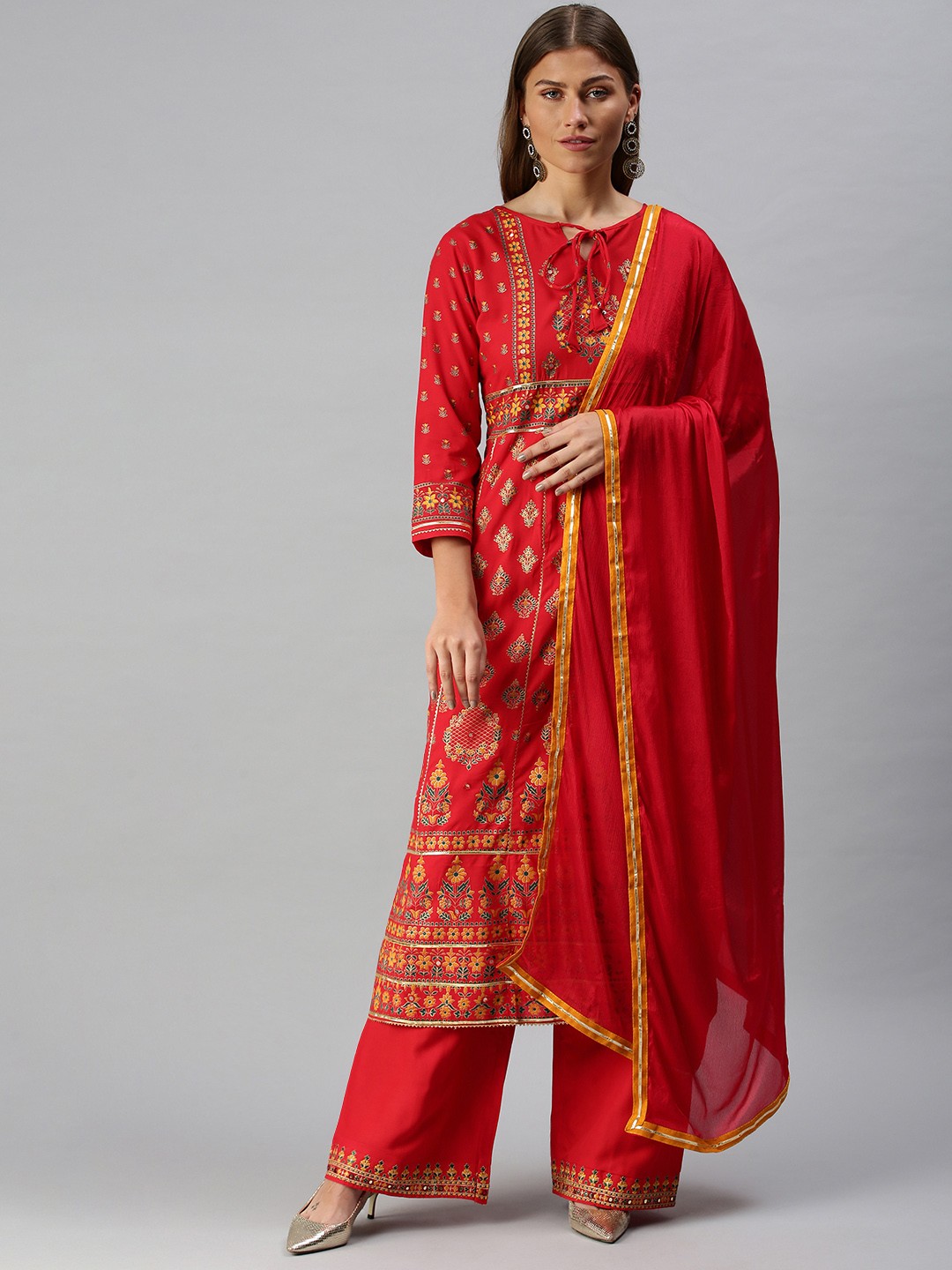 

SheWill Women Red Foil Print Mirror-Work Kurta with Palazzos & Dupatta