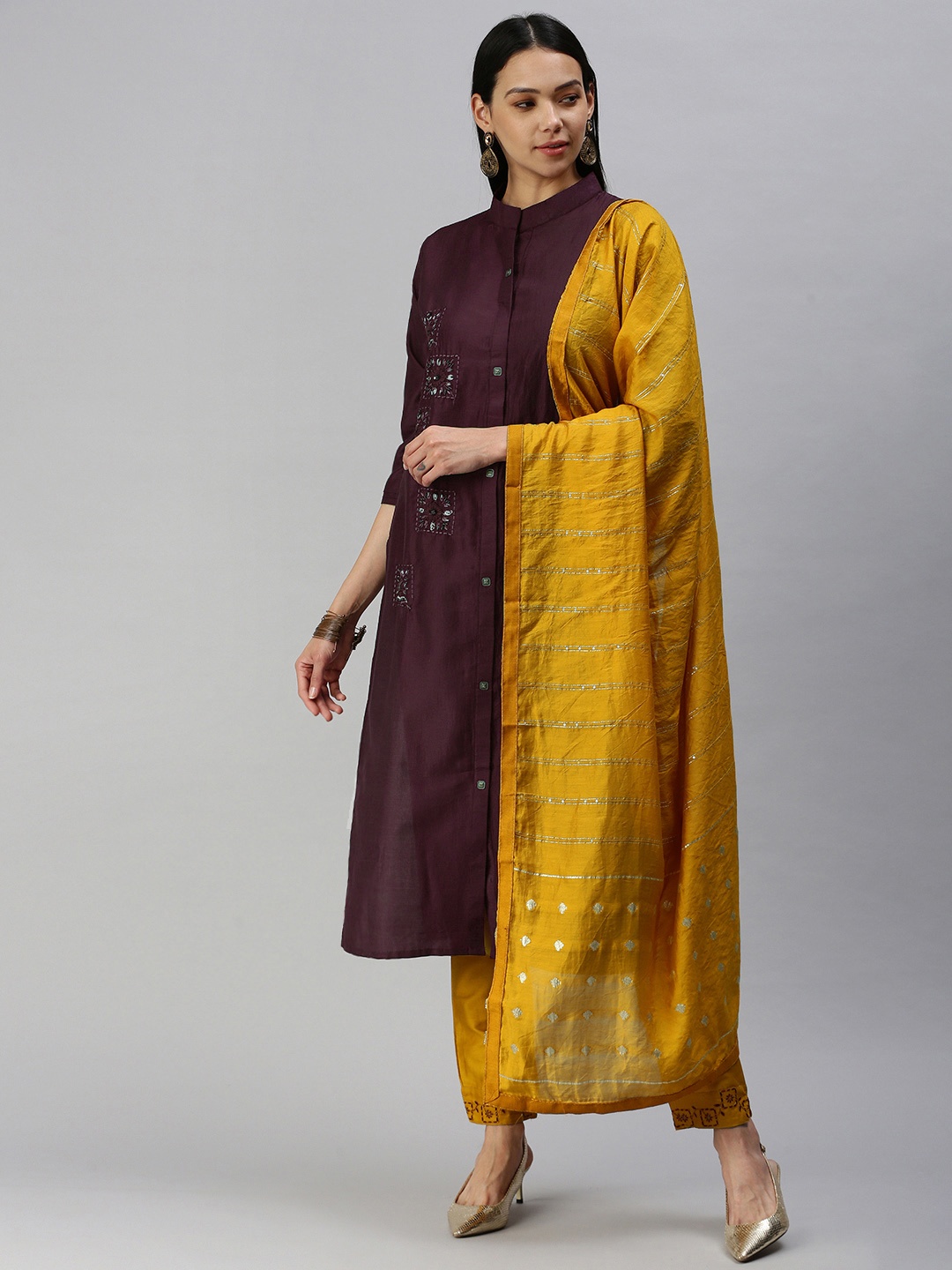 

SheWill Women Purple Embroidered Kurta with Trousers & Dupatta