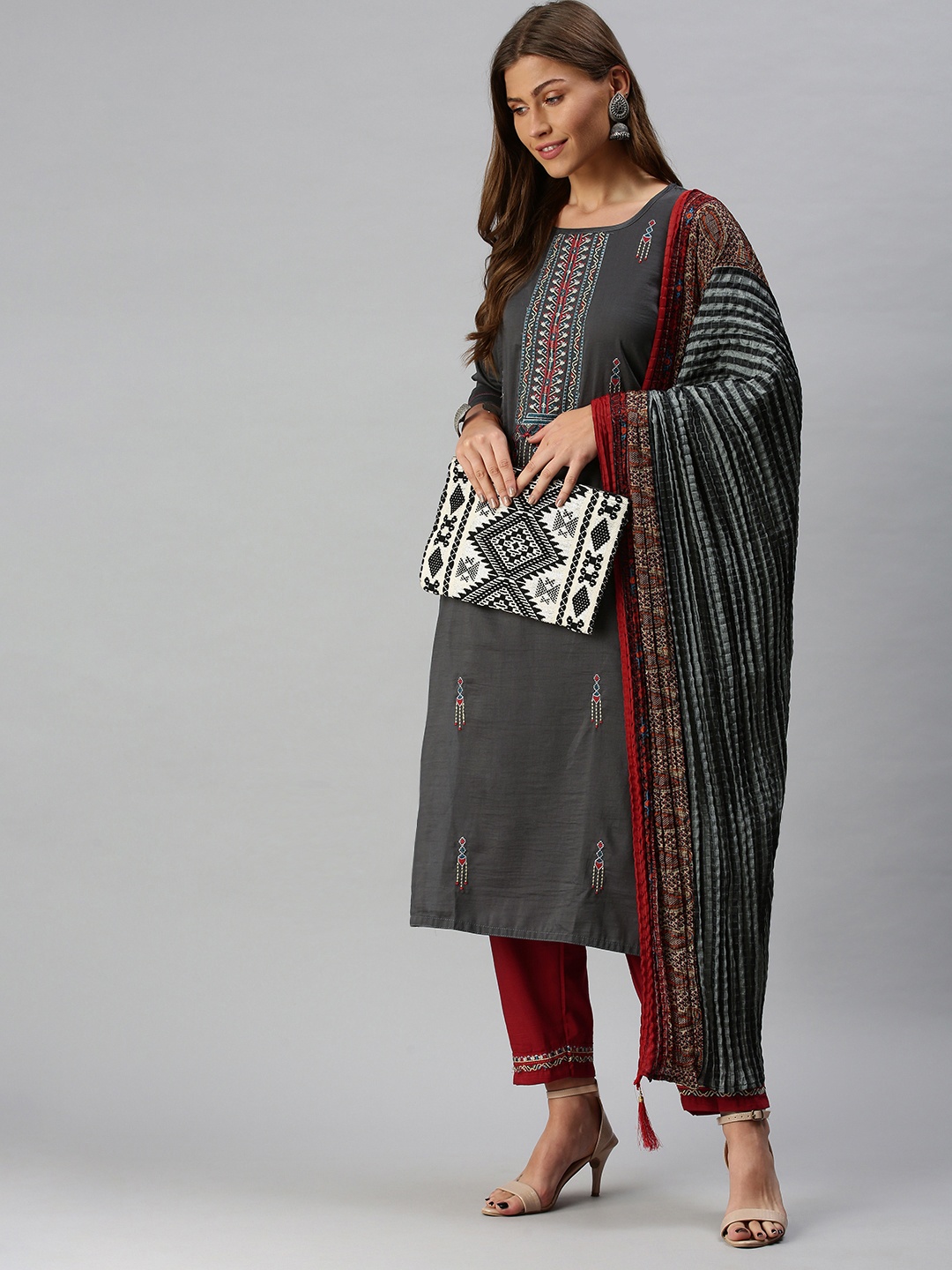 

SheWill Women Charcoal Grey & Maroon Embroidered Kurta with Trousers & Dupatta
