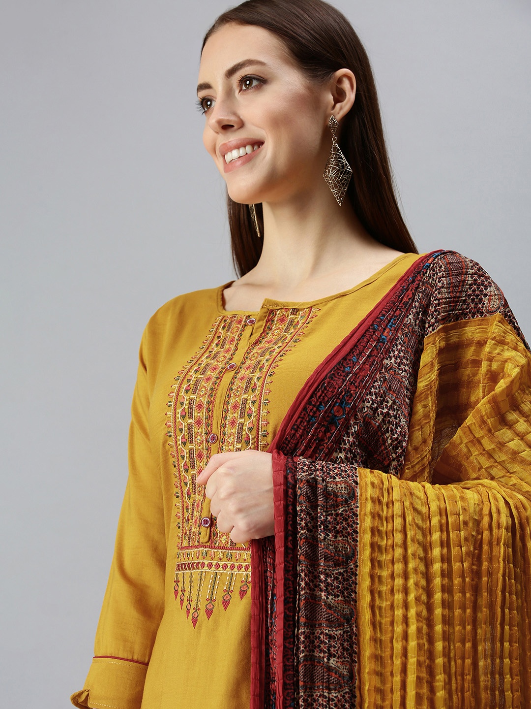 

SheWill Women Yellow Ethnic Motifs Embroidered Kurta with Trousers & Dupatta