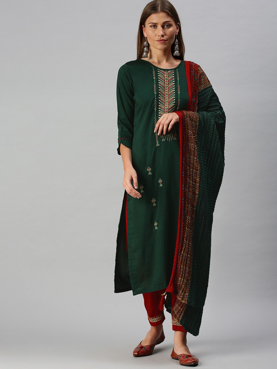 

SheWill Women Green & Maroon Embroidered Kurta with Trousers & Dupatta