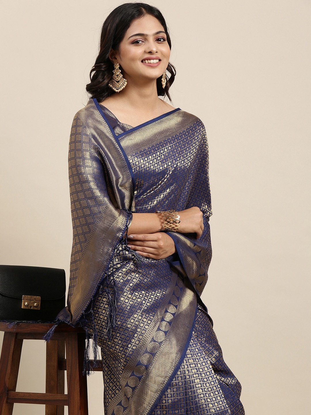 

Mitera Navy Blue & Golden Ethnic Motifs Saree with Zari Work
