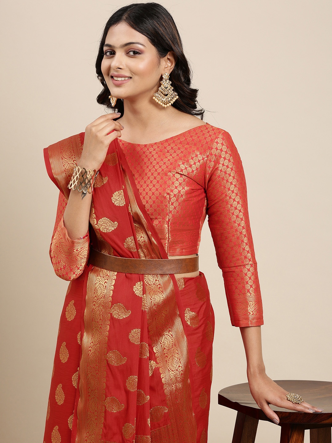 

Mitera Red & Golden Ethnic Motifs Saree with Zari Work