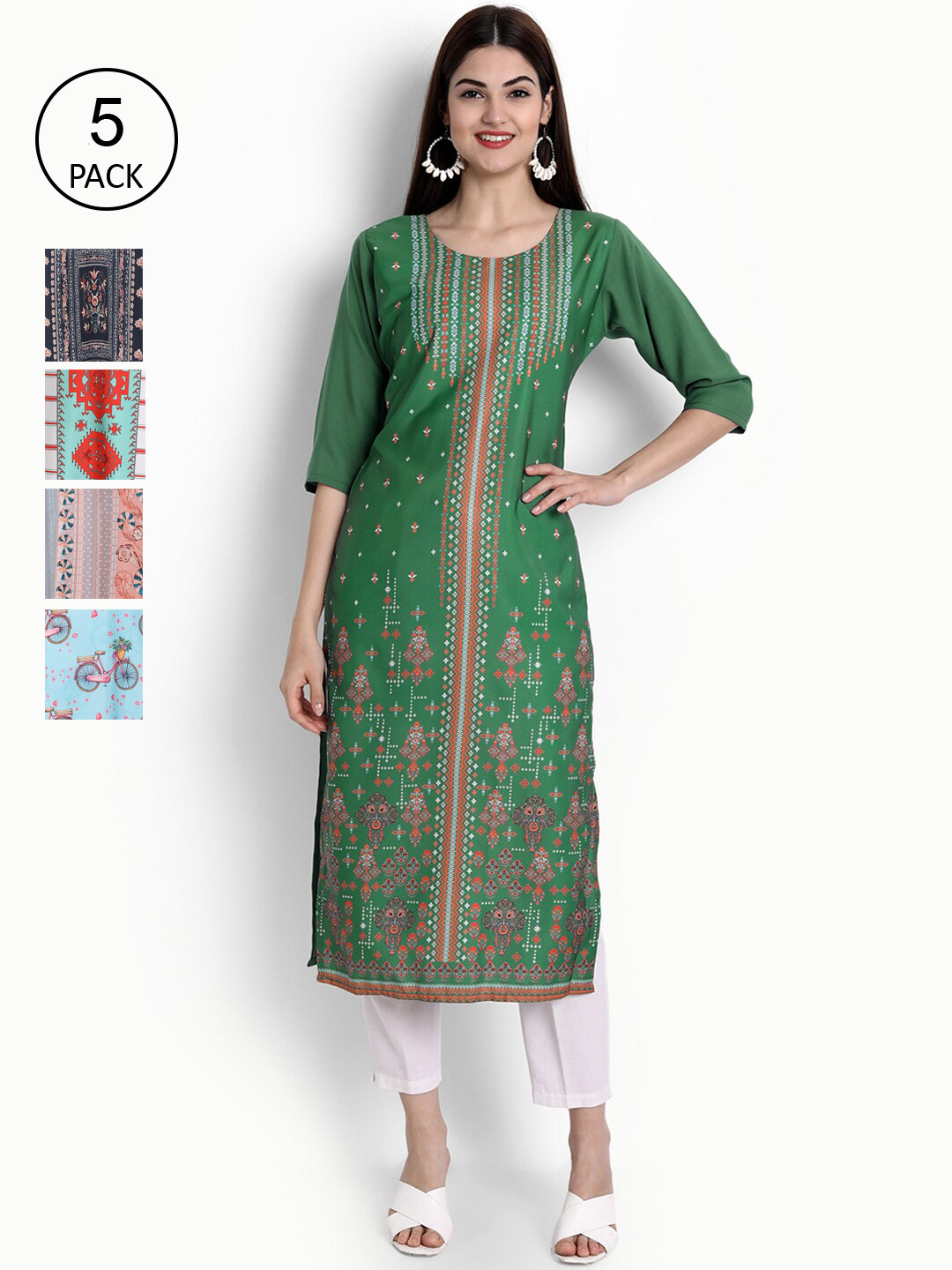 

Ethnic basket Women Pack Of 5 Green & Blue Geometric Striped Block Print Crepe Kurta