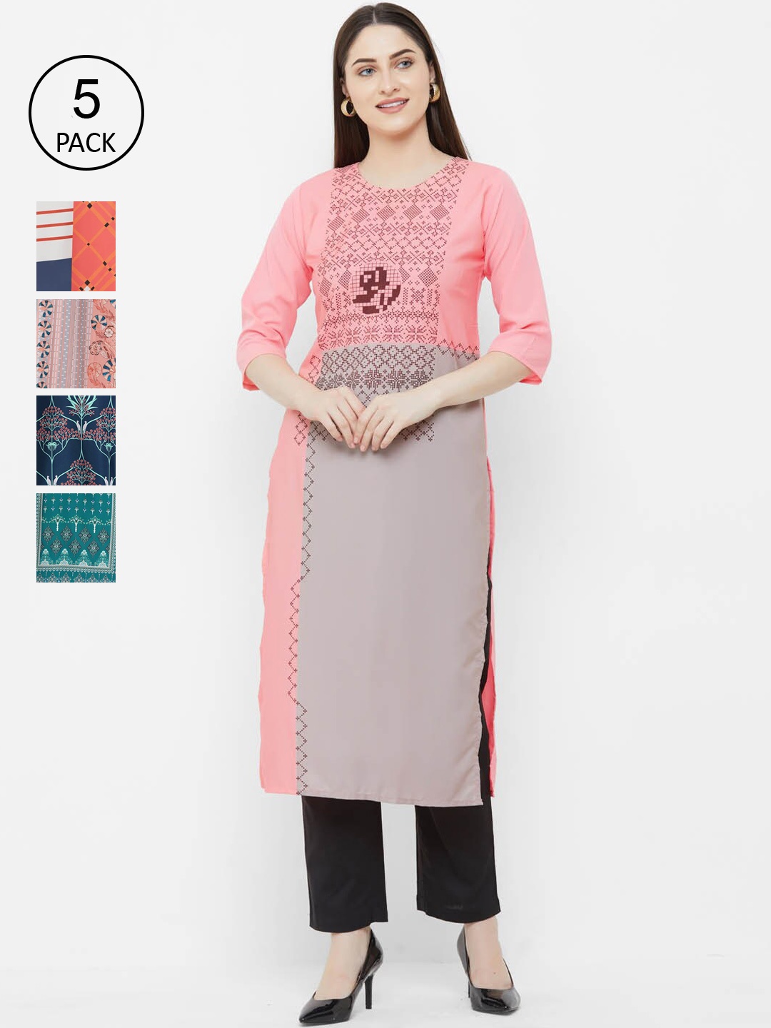 

Ethnic basket Women Pack of 5 Pink & Teal Ethnic Motifs Printed Crepe Kurta