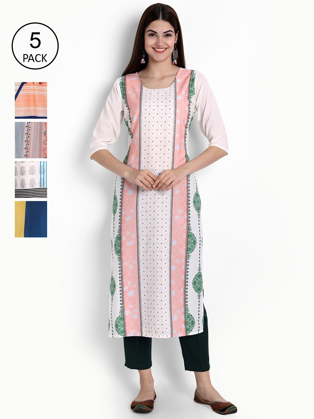 

Ethnic basket Women Multicoloured Pack of 5 Digital Printed Crepe Kurta, Multi