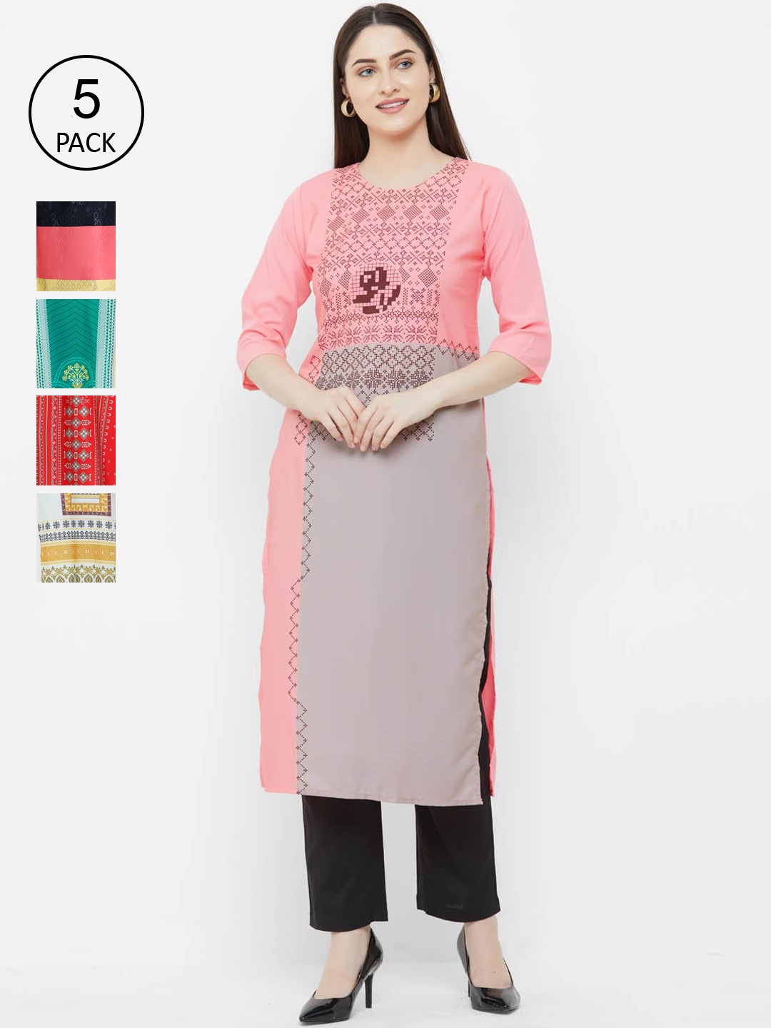 

Ethnic basket Pack Of 5 Multicoloured Digital Printed Block Print Crepe Kurta, Multi