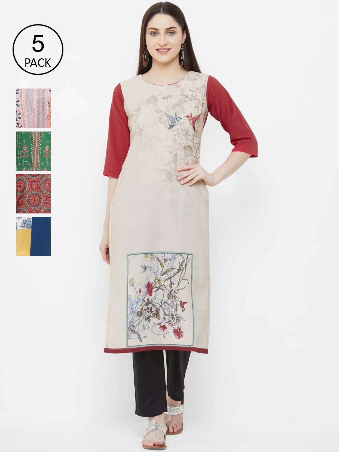 

Ethnic basket Women Pack Of 5 Printed Crepe Kurta, White