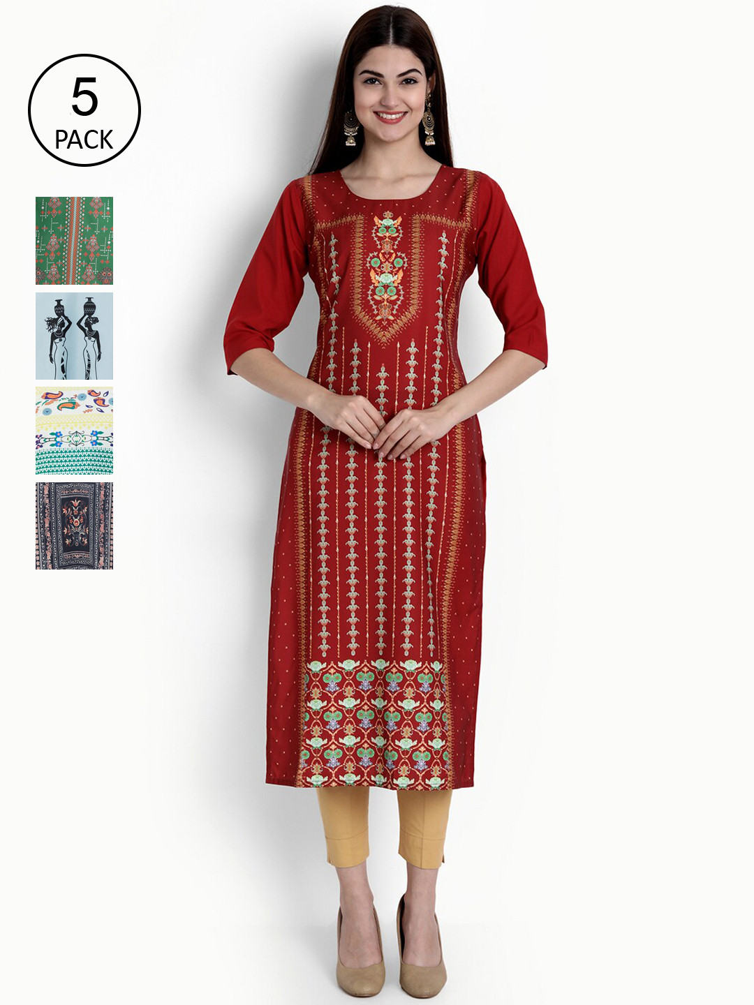 

Ethnic basket Women Pack Of 5 Printed Crepe Kurta, Red
