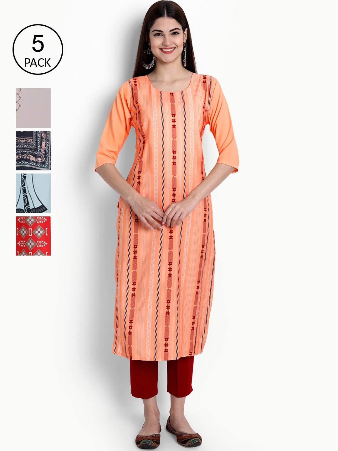 

Ethnic basket Pack Of 5 Multicoloured Digital Printed Block Print Crepe Kurta, Multi