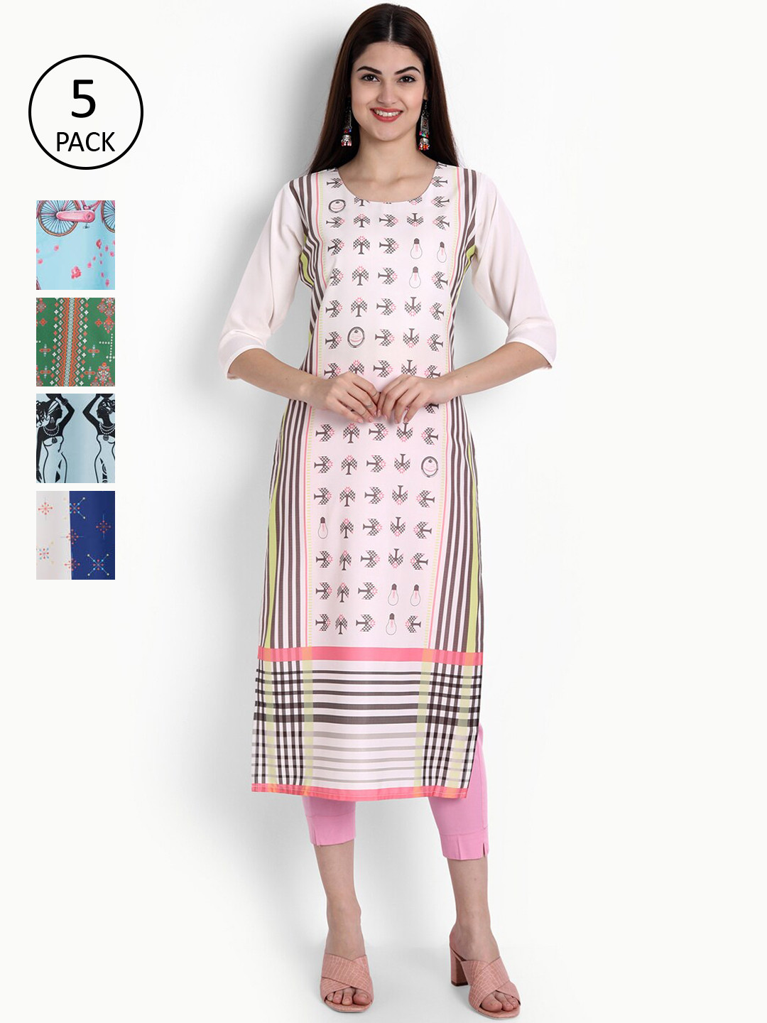 

Ethnic Basket Set Of 5 Women Multicoloured Quirky Printed Crepe Kurta, Multi