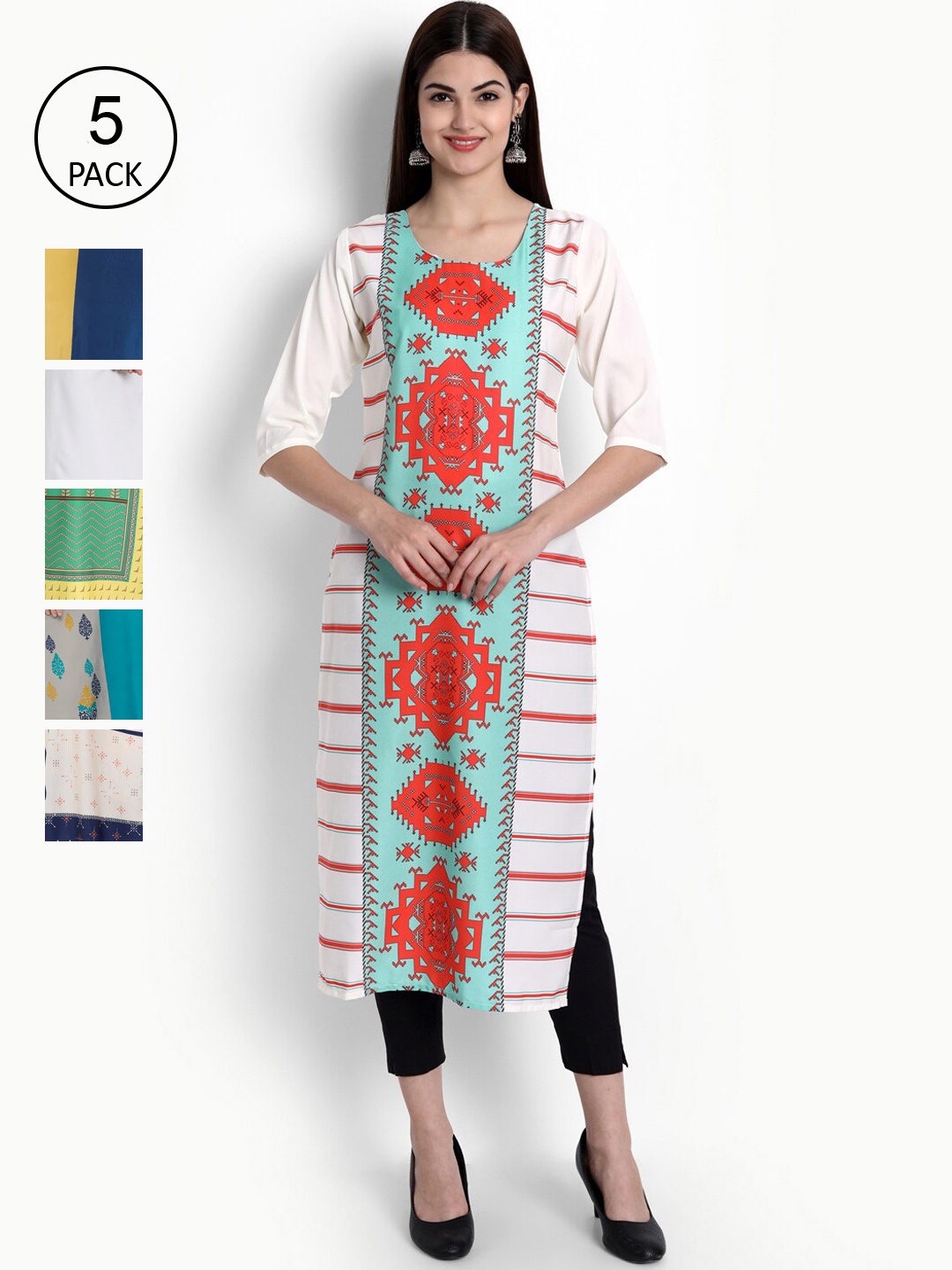 

Ethnic basket Women Pack of 5 Digital Printed Straight Kurtas, Green