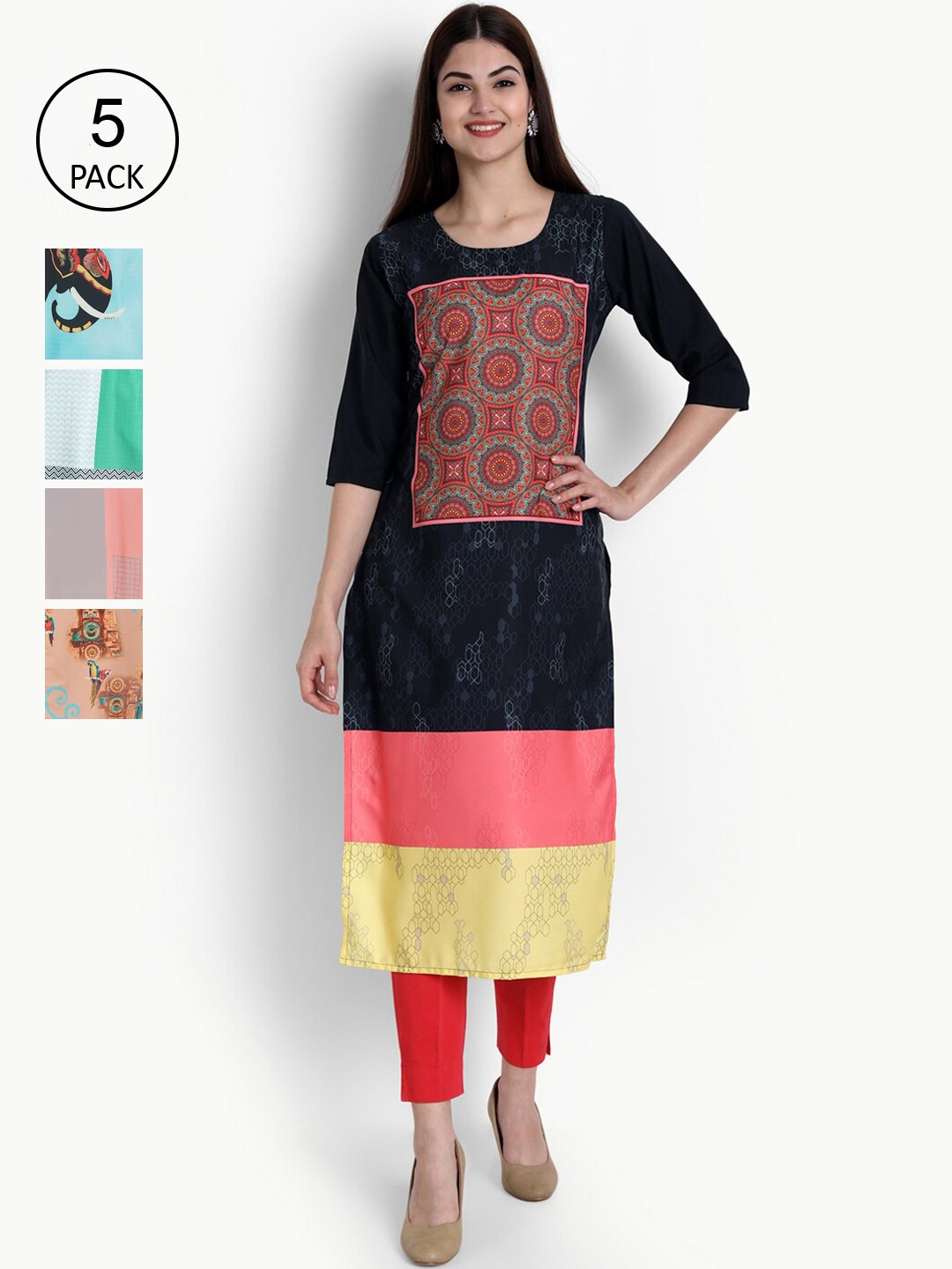 

Ethnic basket Women Pack Of 5 Printed Crepe Kurta, Navy blue