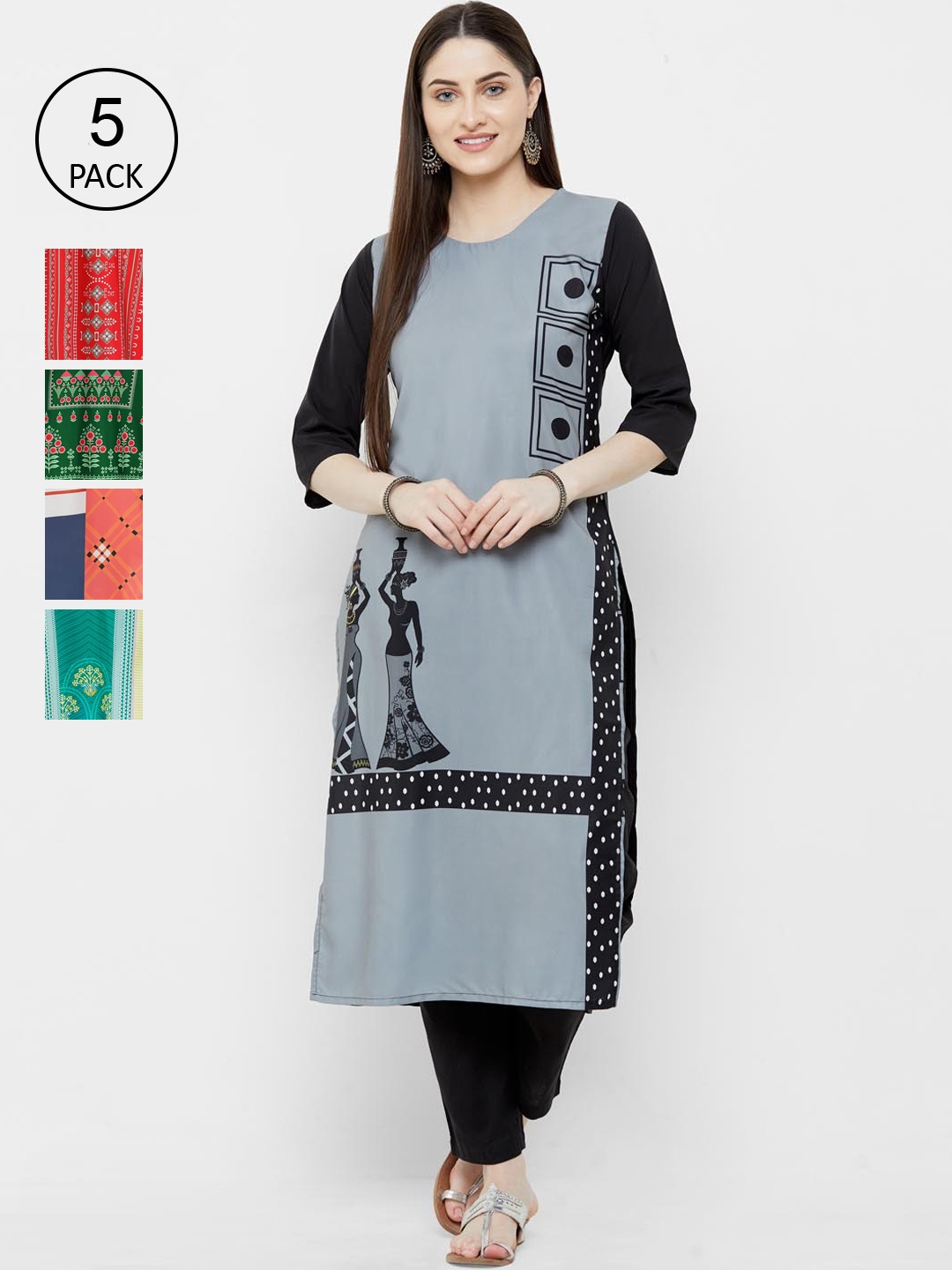 

Ethnic basket Women Pack Of 5 Kurtas, Grey