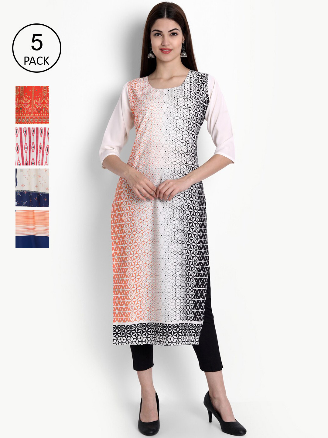 

Ethnic basket Women Pack of 5 White & Red Geometric Striped Crepe Kurta