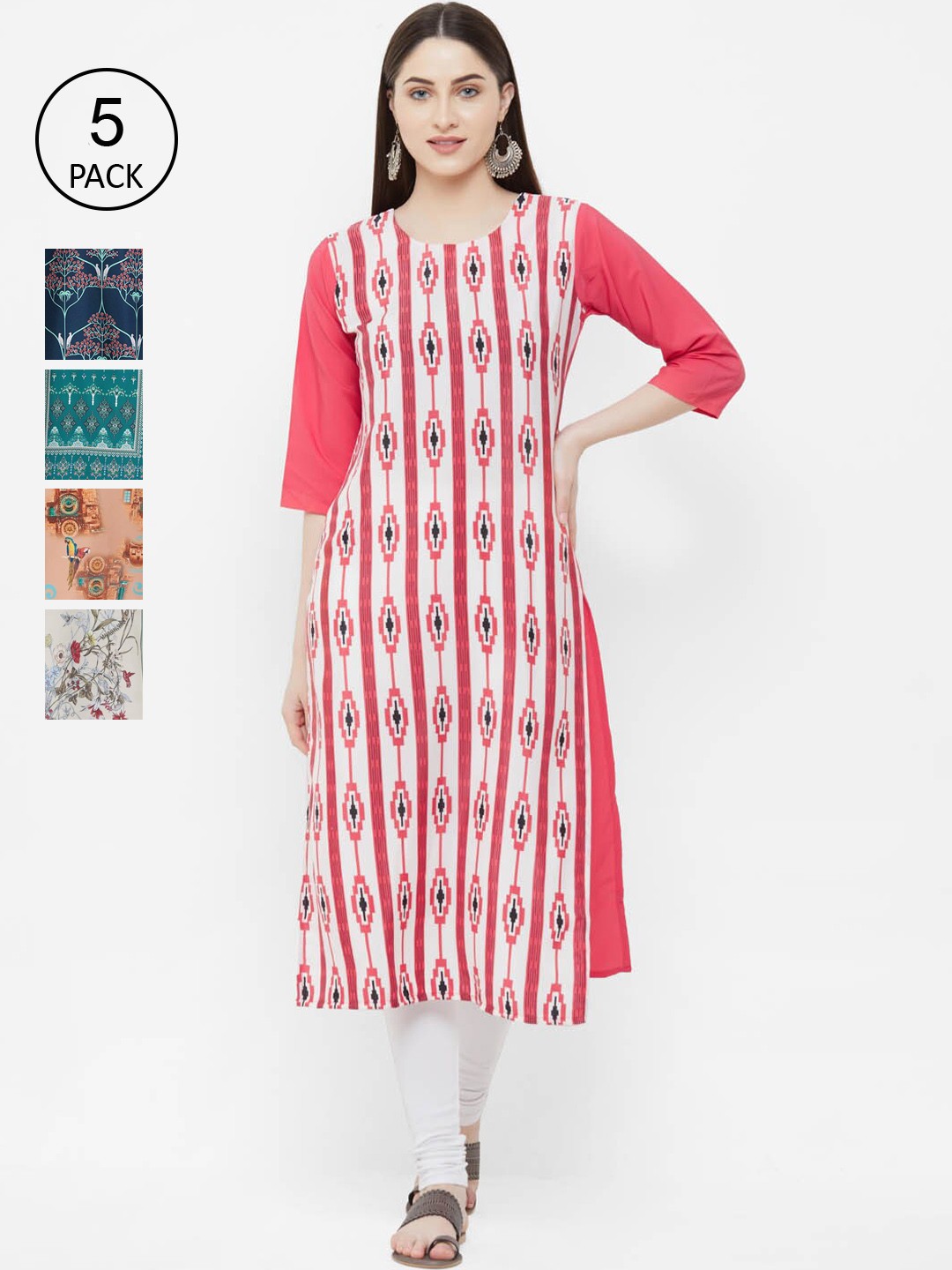 

Ethnic basket Women Pack Of 5 Red & Teal Green Block Print Crepe Kurta