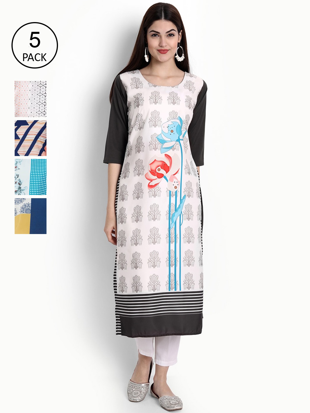 

Ethnic basket Women Pack of 5 Digital Printed Straight Kurtas, White