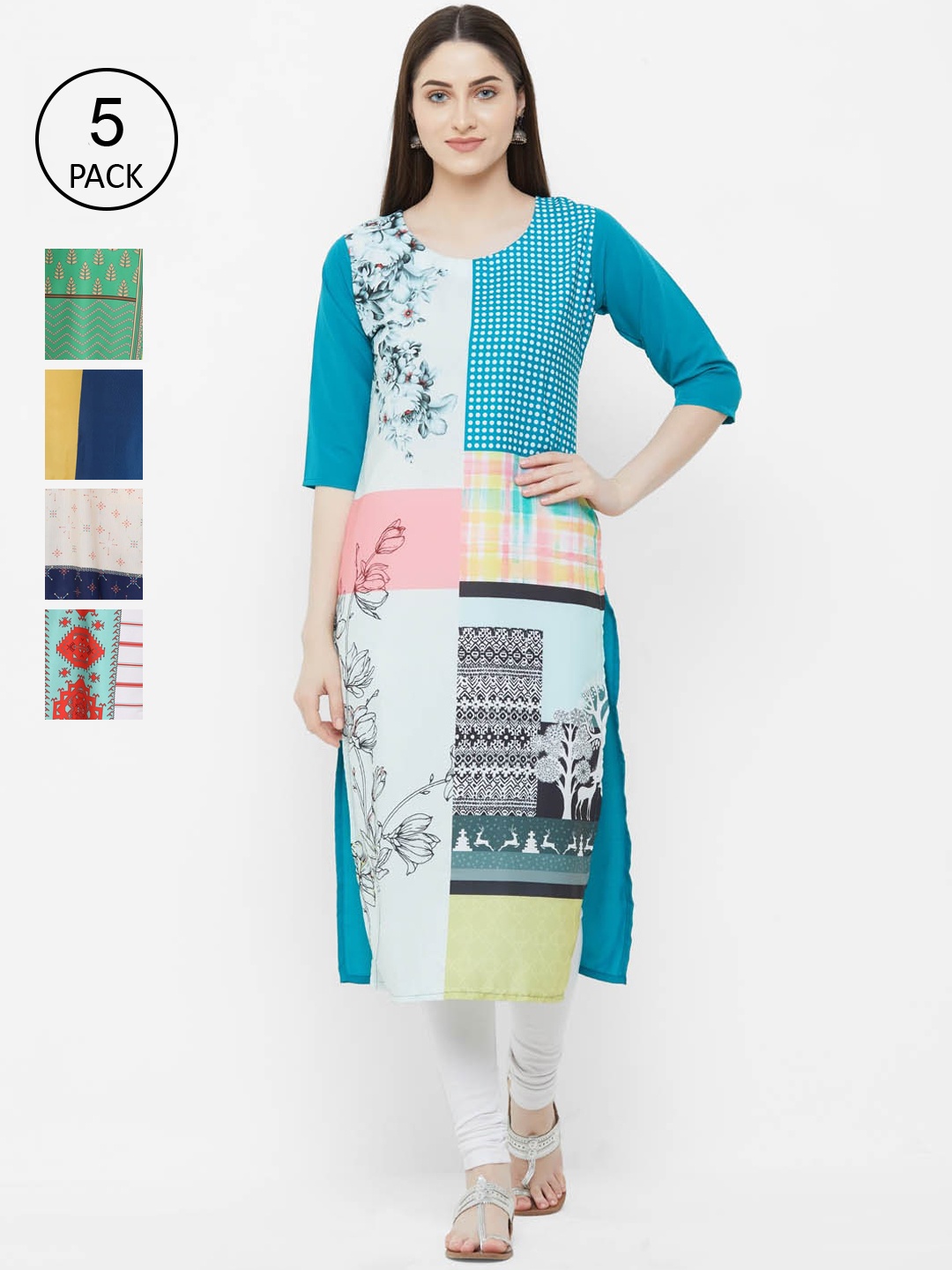 

Ethnic basket Women Pack Of 5 Kurtas, Green
