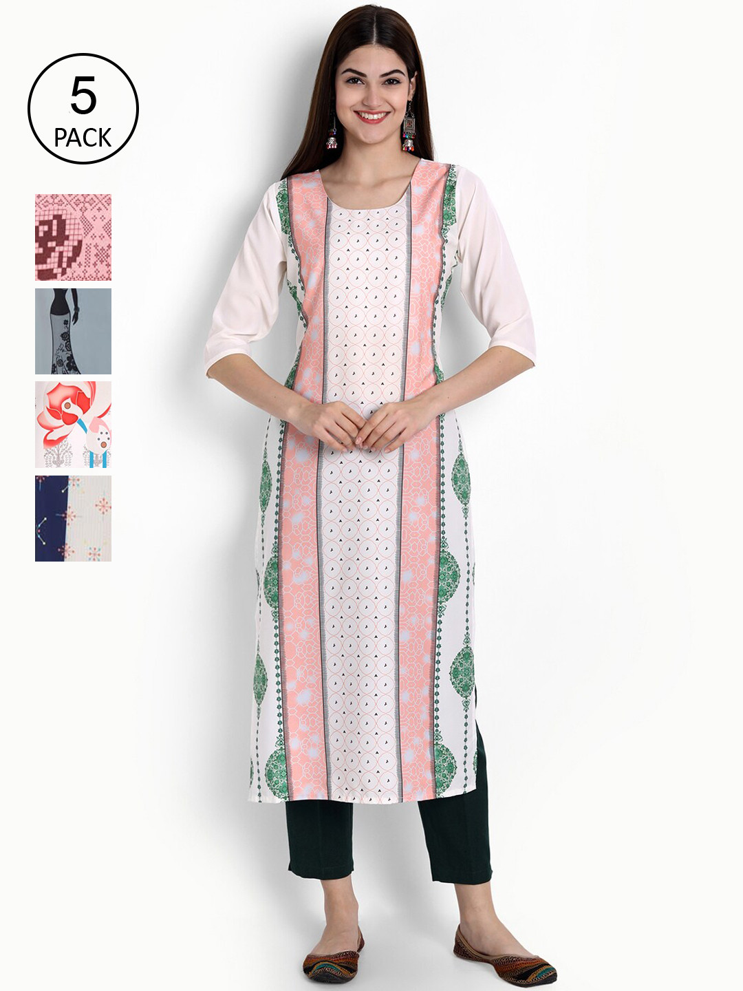 

Ethnic Basket Set Of 5 Women Multicoloured Quirky Printed Crepe Kurta, Multi