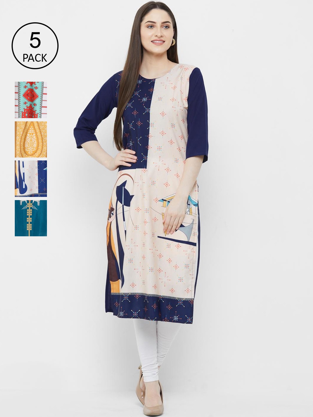 

Ethnic basket Women Pack of 5 Digital Printed Straight Kurtas, Navy blue